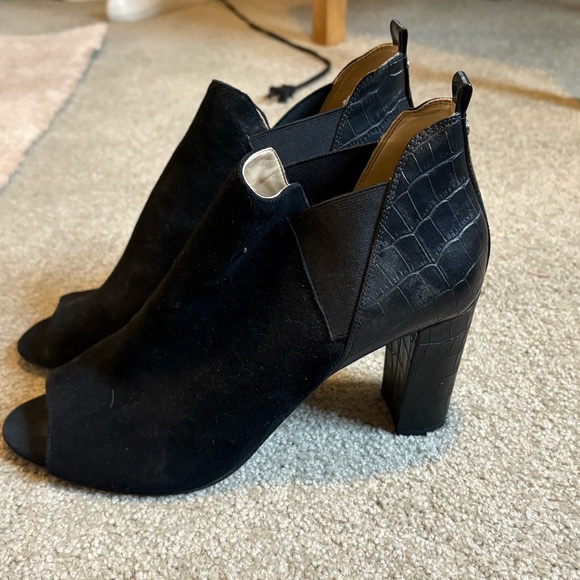 Marc Fisher Shoes - Marc Fisher Black Suede Peep Toe Croc-Embossed Block Heel Booties